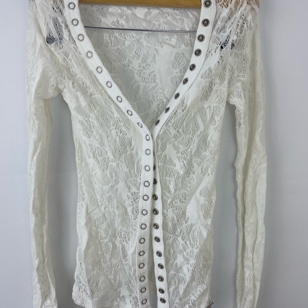 White Lace Long Sleeve Top with Silver Button Accents
